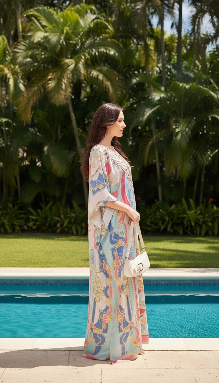 Baroque Pastel Blue Satin Silk Kaftan Dress for Women Plus Size