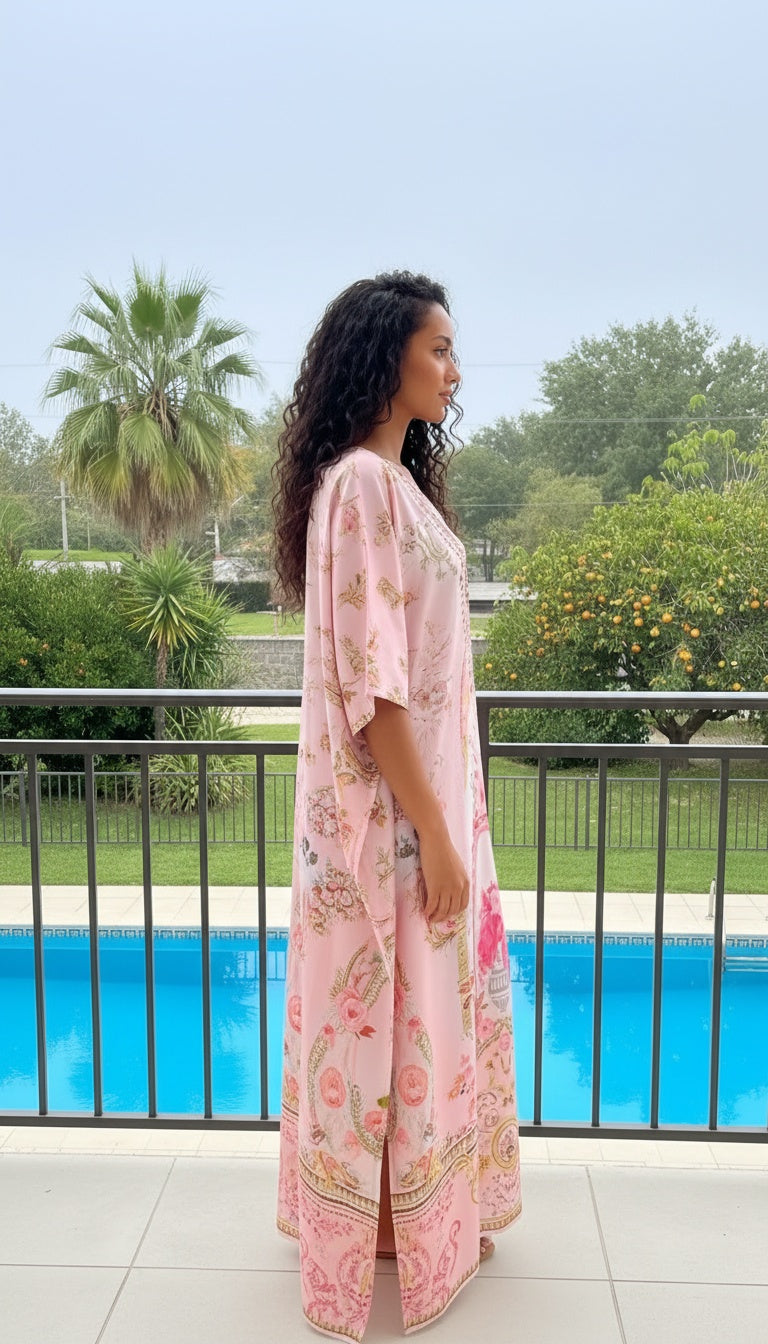 Pink satin plus size kaftan dress with ornate baroque print, embellished neckline and 3/4 sleeves — alternate view