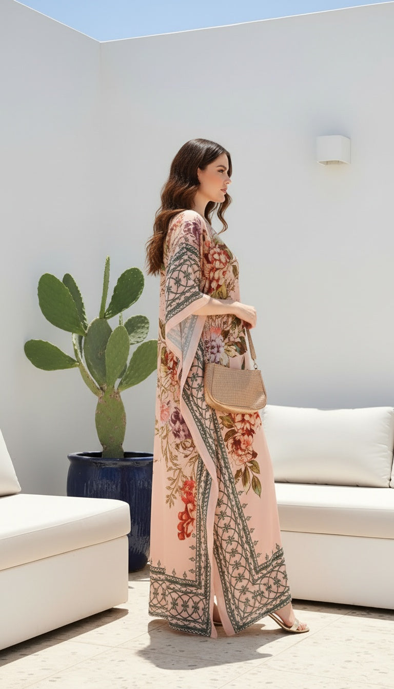Leaf Print Peach Satin Silk Kaftan Dress for Women Plus Size