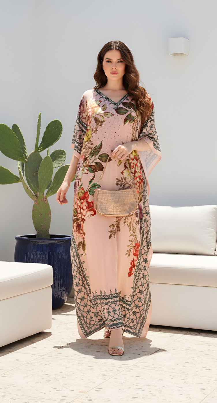 Leaf Print Peach Satin Silk Kaftan Dress for Women Plus Size