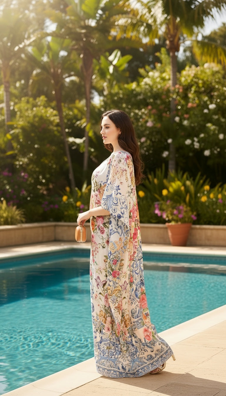 Floral Off-White Satin Silk Caftan Dress For Women Plus Size