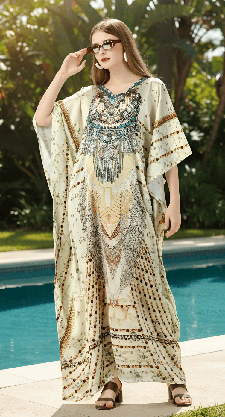 GypsieBlu Beige Plus Size Satin Kaftan Dress for Women Kimono Sleeve 1X-3X