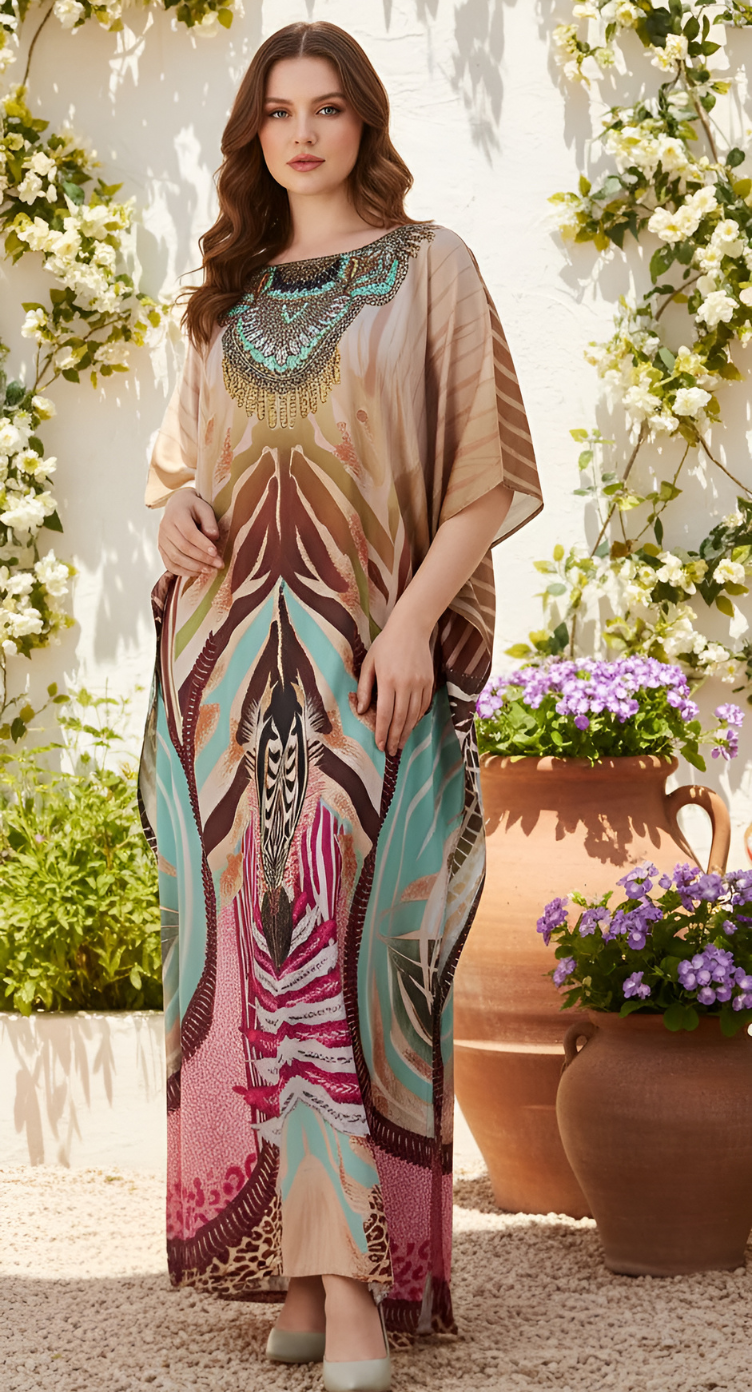 Tribal Beige Silk Satin Silk Women Plus Size Caftan Dress