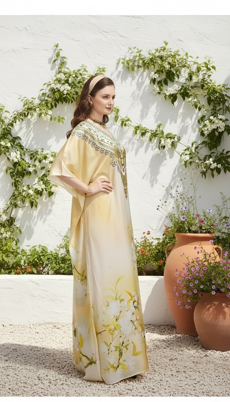 Floral Cream Satin Silk Kaftan Dress for Women Plus Size