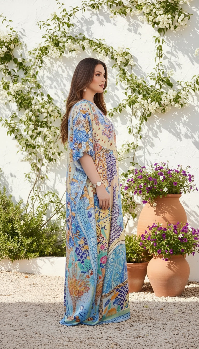 Floral Sky Blue Satin Silk Caftan Dress For Women Plus Size