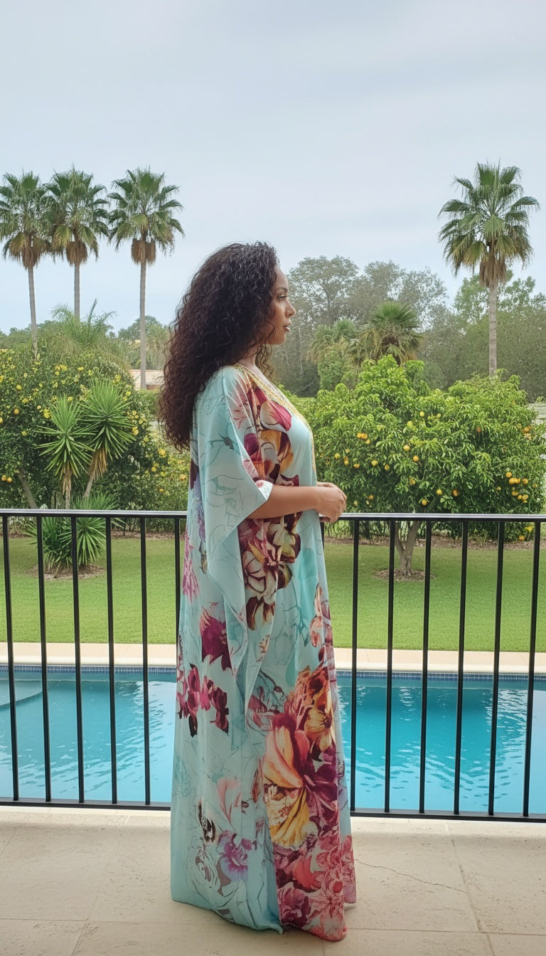 Floral Light Turquoise Satin Silk Women Plus Size Caftan Dress