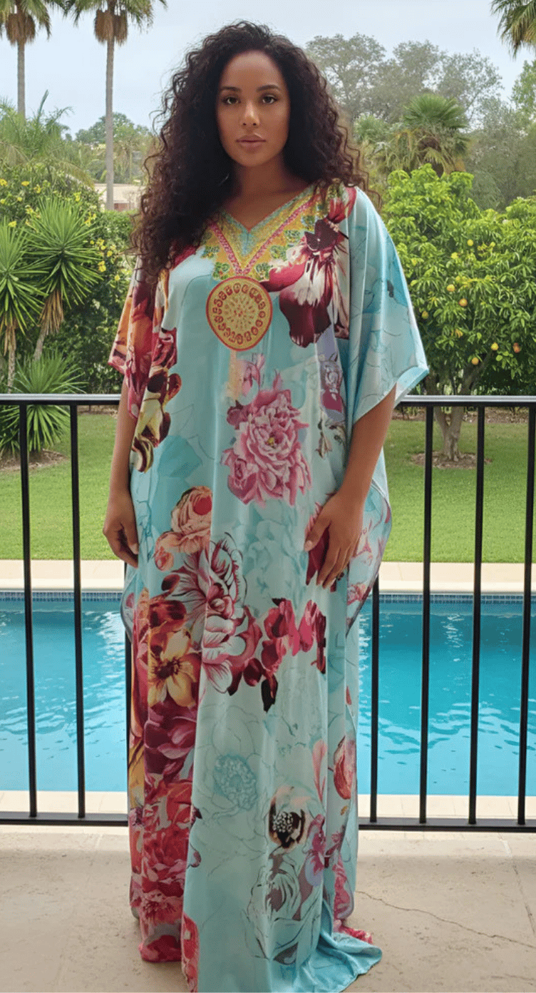 Turquoise satin plus size kaftan with pink rose floral print and gold embellished neckline