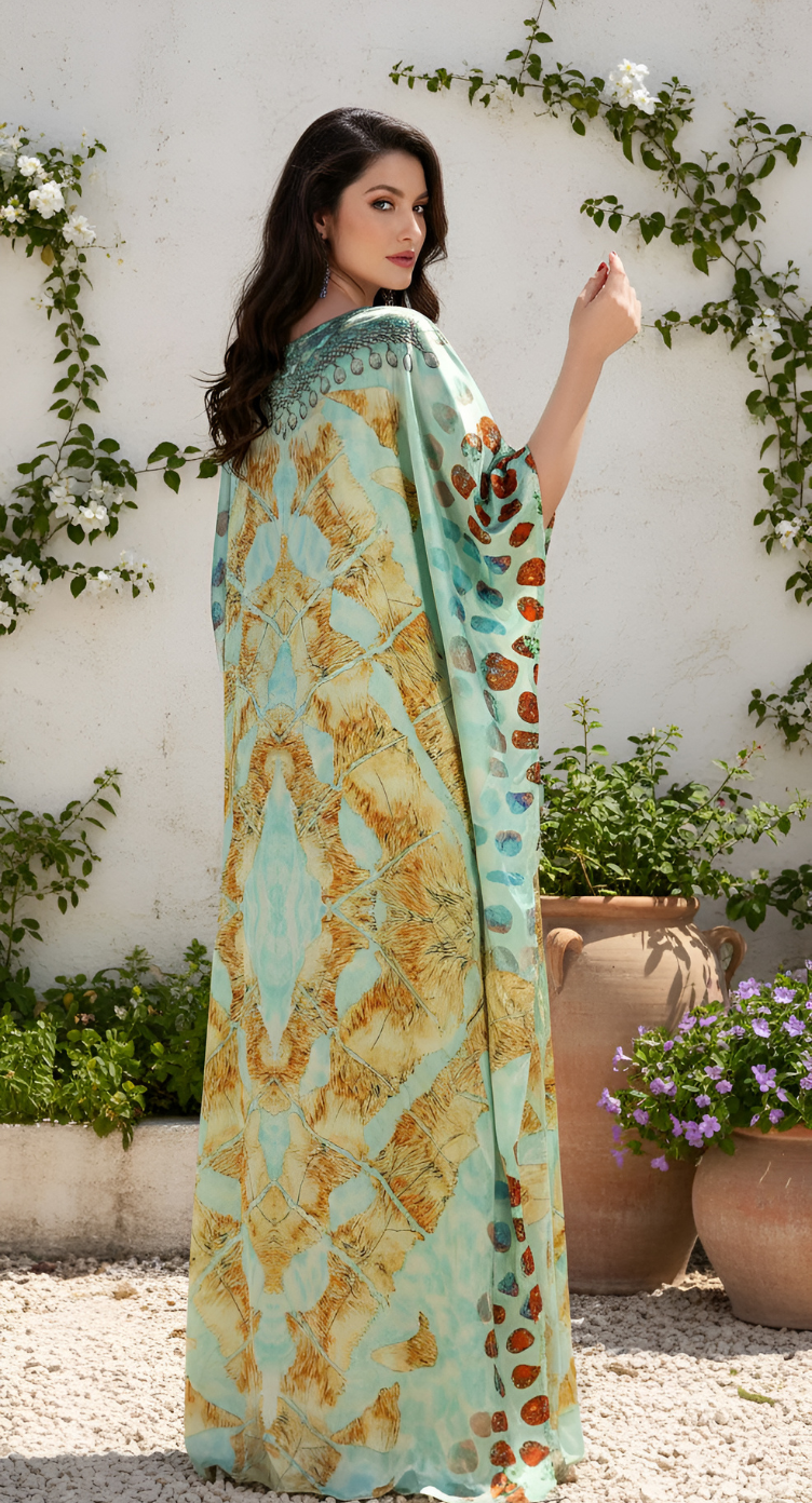 Ethnic Mint Green Satin Silk Women Plus Size Kaftan Dress