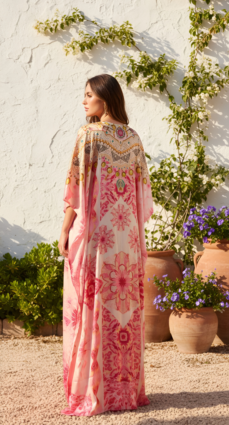 Floral Light Cream Satin Silk Kaftan Dress for Women Plus Size