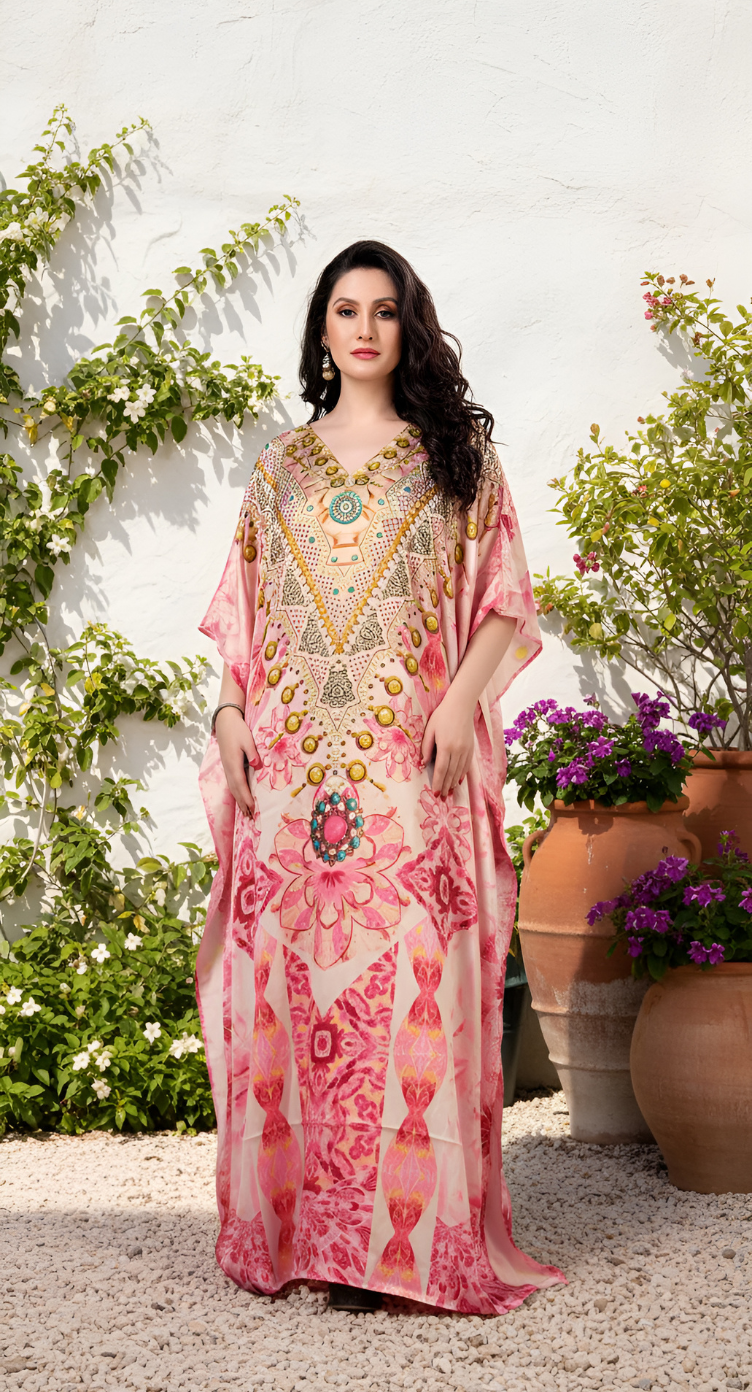 Floral Light Cream Satin Silk Kaftan Dress for Women Plus Size