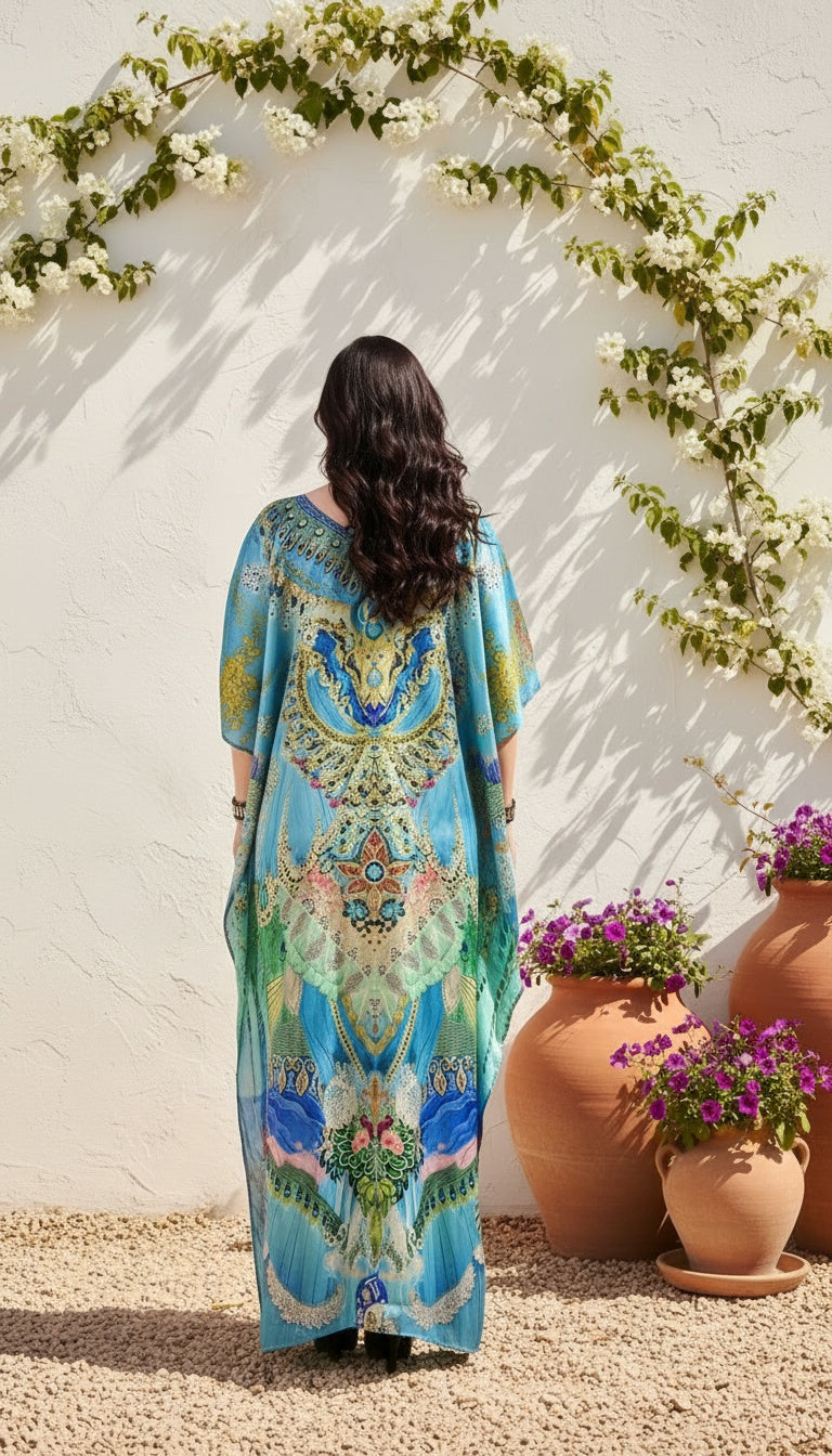 Bright Blue Satin Silk Caftan Dress For Women Plus Size
