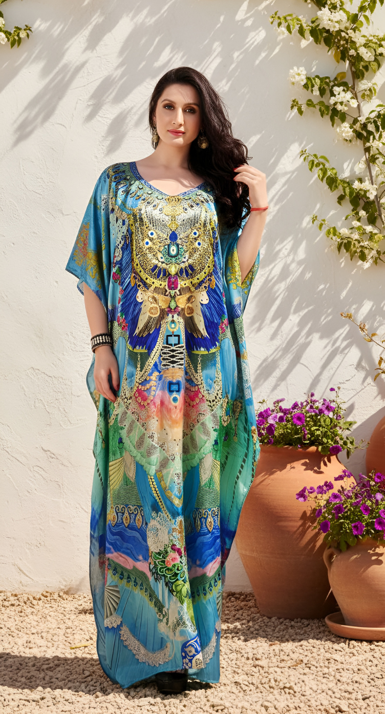 Ornamental Bright Blue Satin Silk Caftan Dress For Women Plus Size