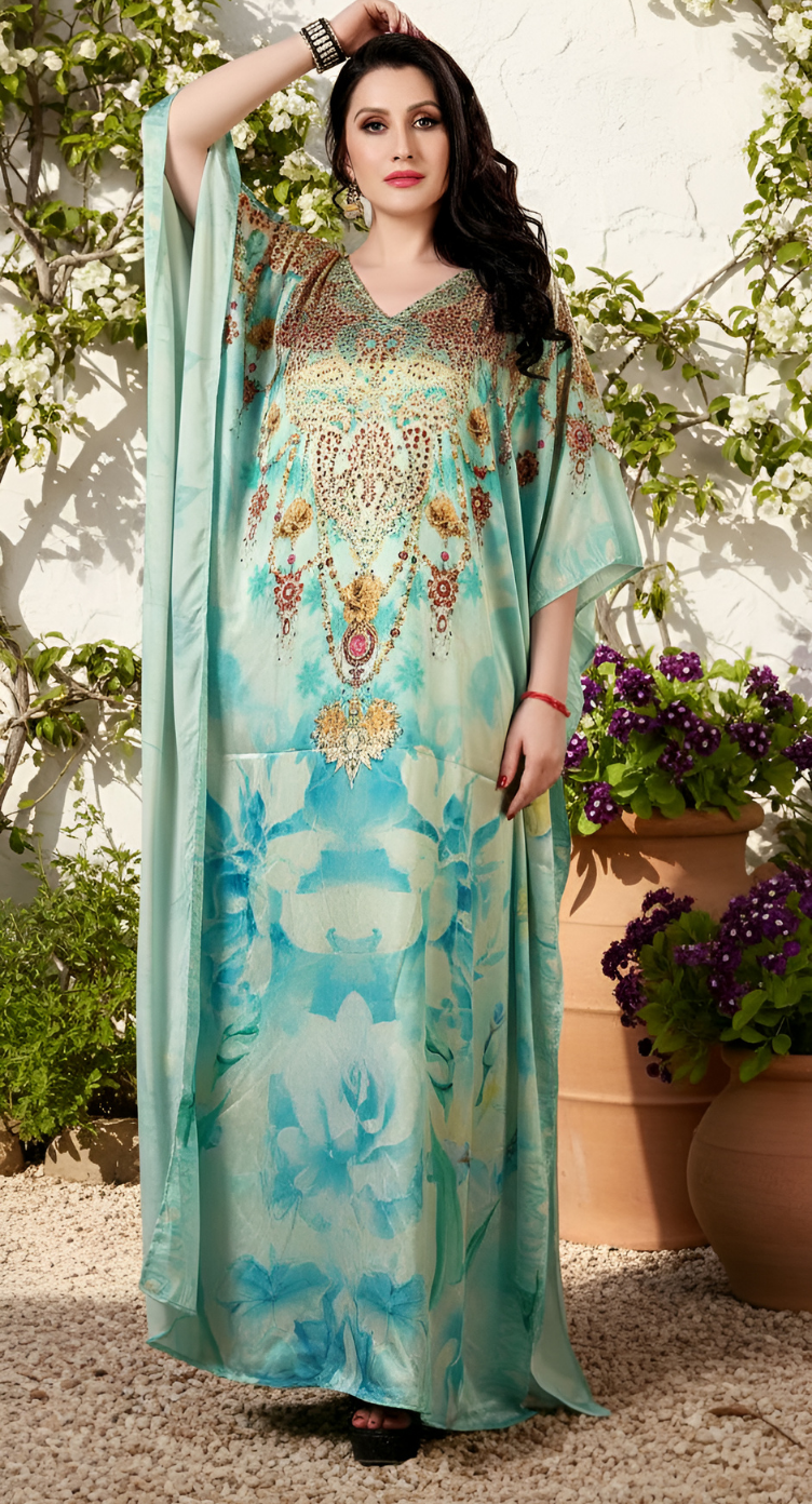 Floral Mint Green Satin Silk Women Plus Size Caftan Dress