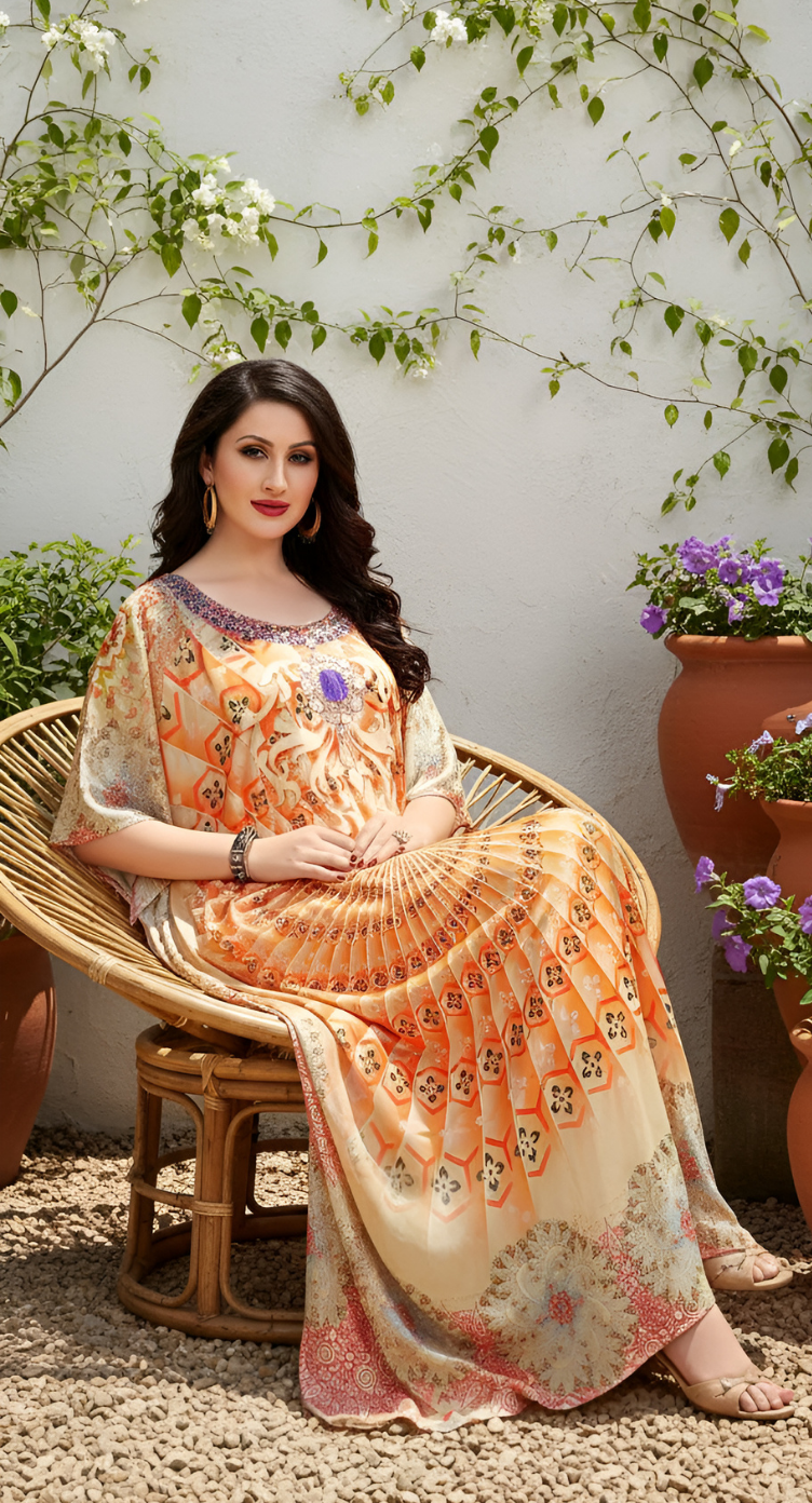 Geometric Beige Satin Silk Women Plus Size Kaftan Dress