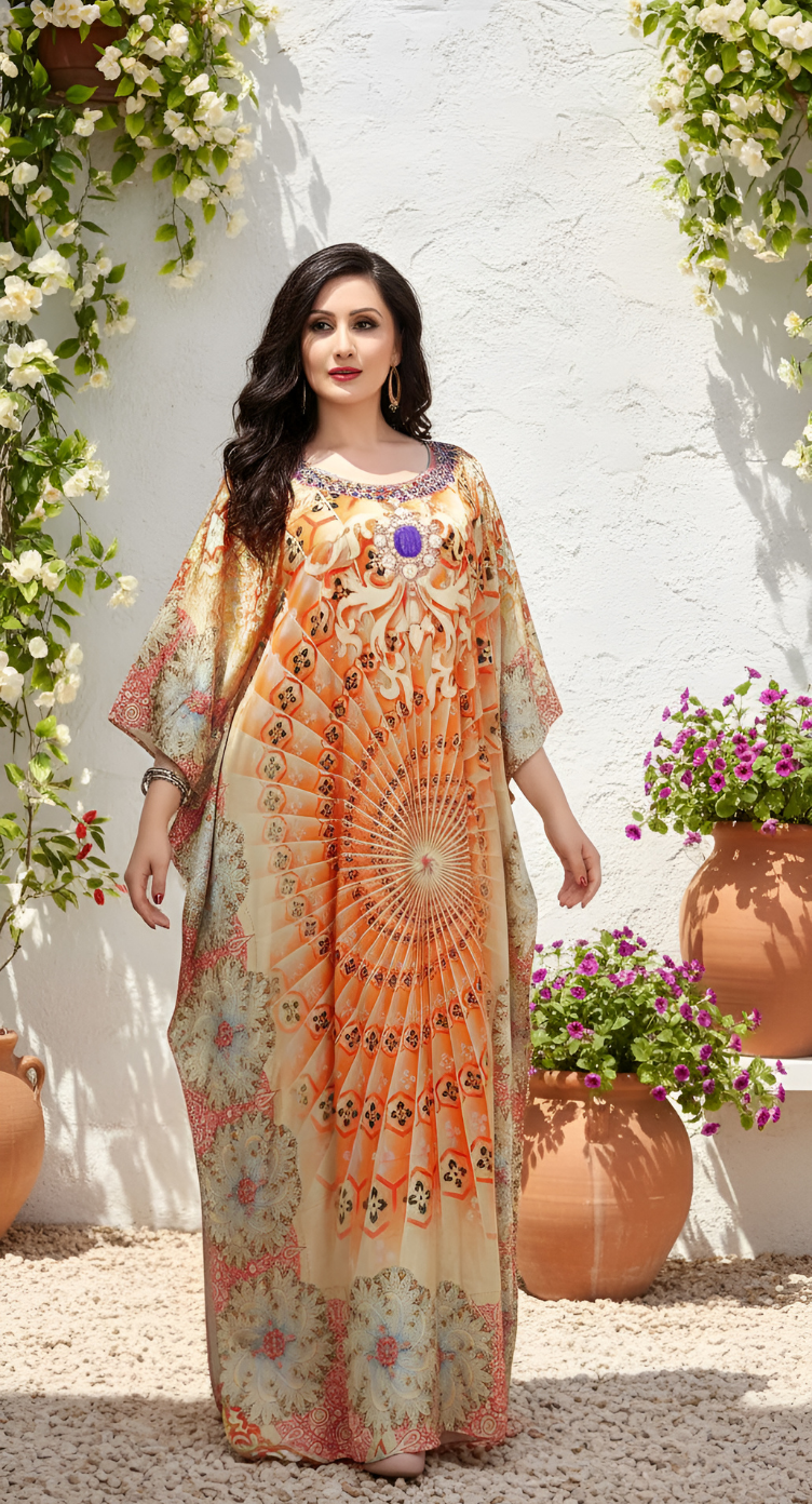 Geometric Beige Satin Silk Women Plus Size Kaftan Dress