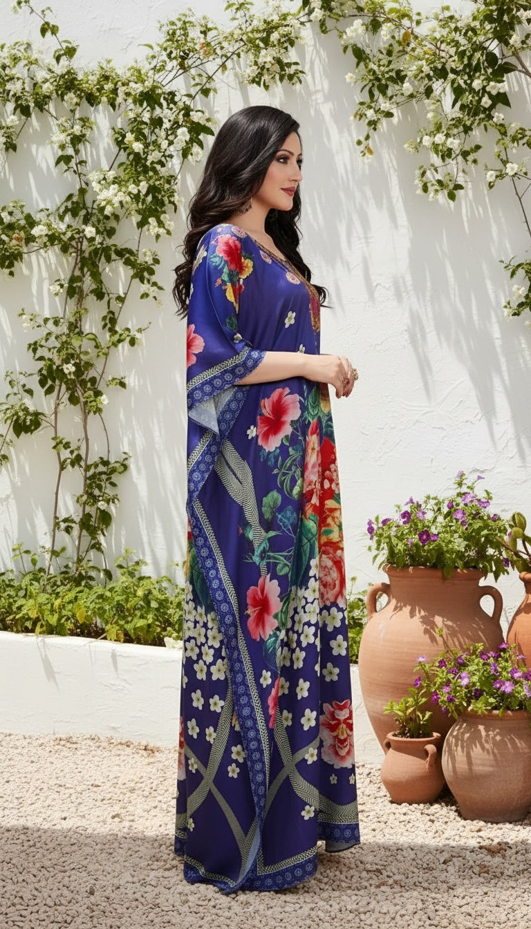 Floral Royal Blue Satin Silk Kaftan Dress for Women Plus Size