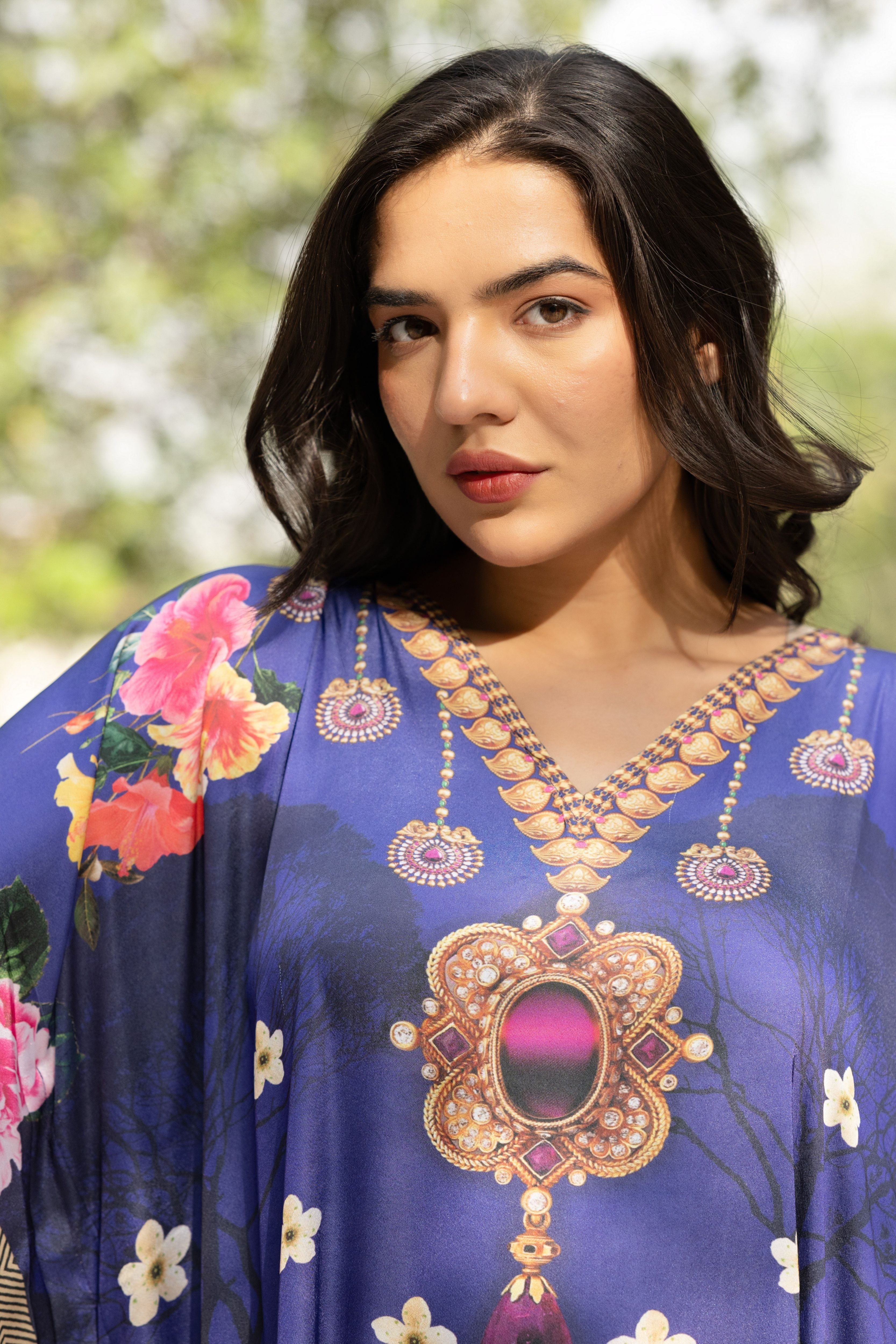Floral Royal Blue Satin Silk Kaftan Dress for Women Plus Size