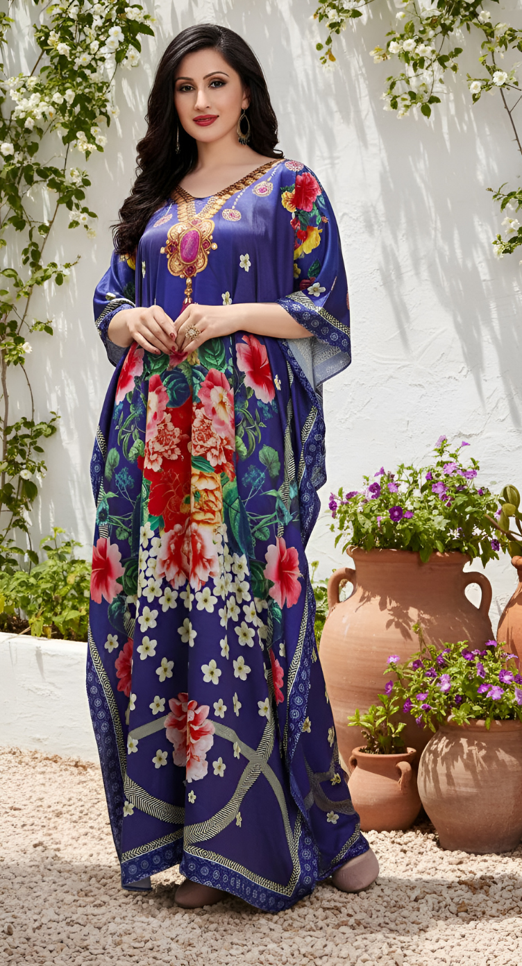 Floral Royal Blue Satin Silk Kaftan Dress for Women Plus Size