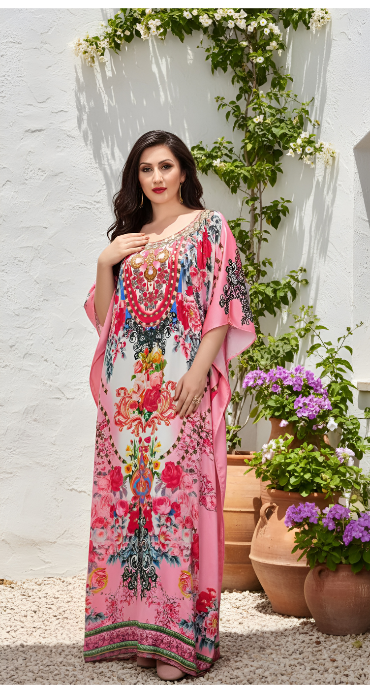 Floral Light Pink Satin Silk Caftan Dress For Women Plus Size