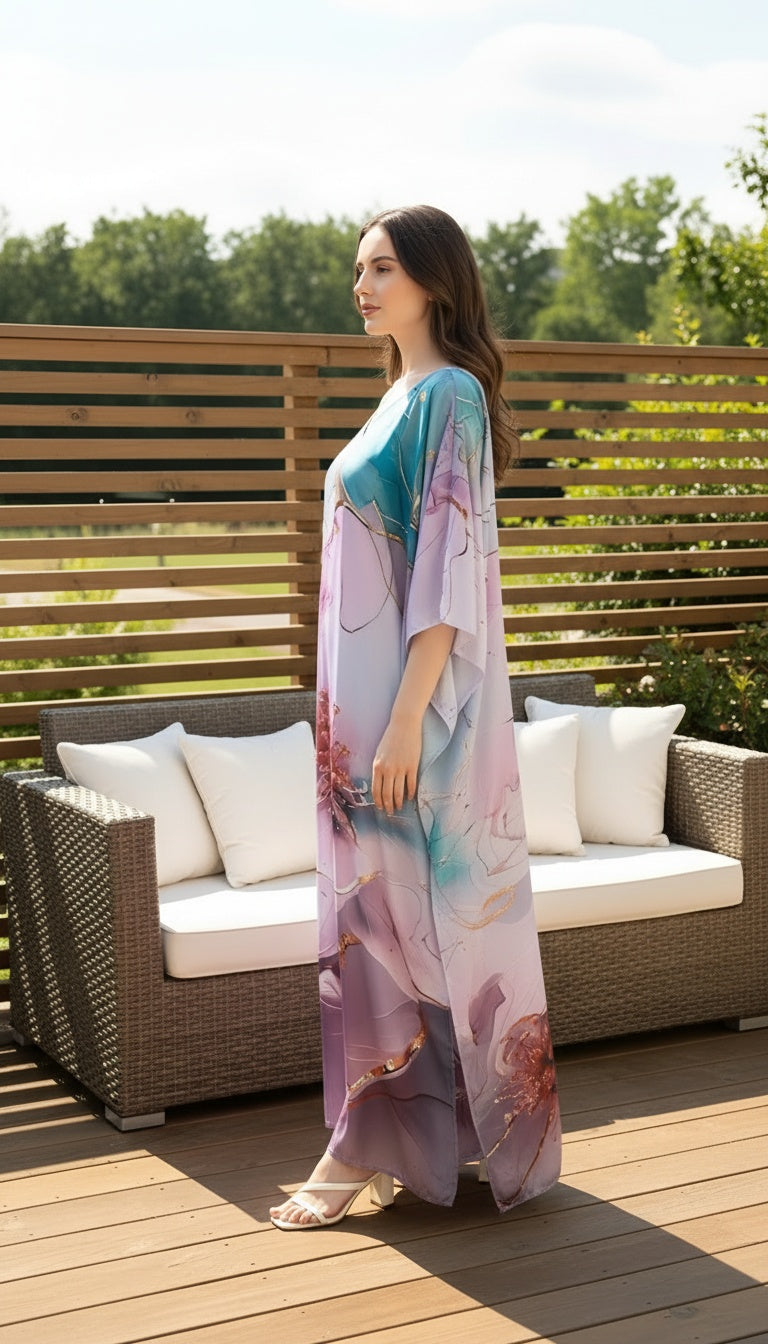 Floral Pastel Lavender Satin Silk Women Plus Size Caftan Dress