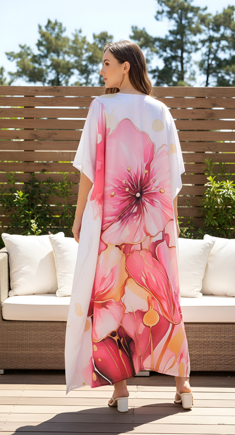 Floral Light Pink Satin Silk Women Plus Size Kaftan Dress