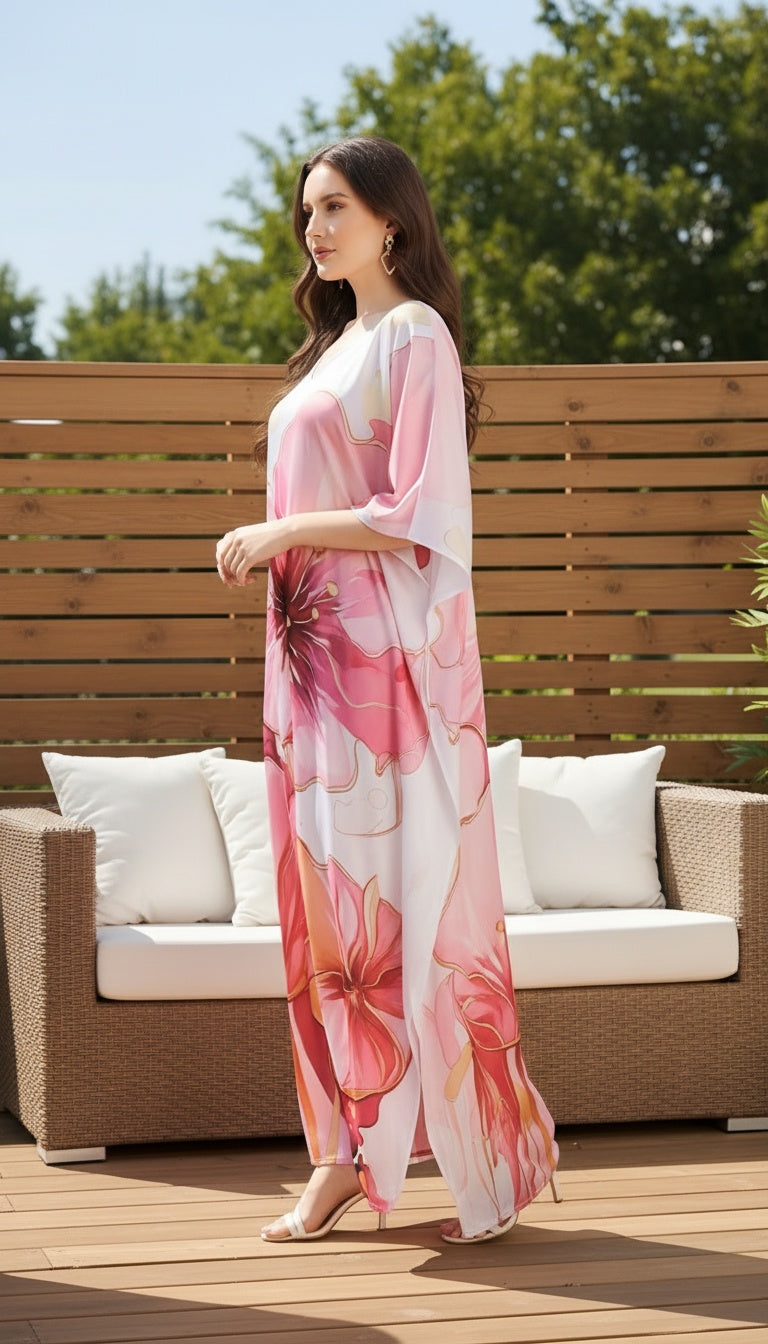 Floral Light Pink Satin Silk Women Plus Size Kaftan Dress