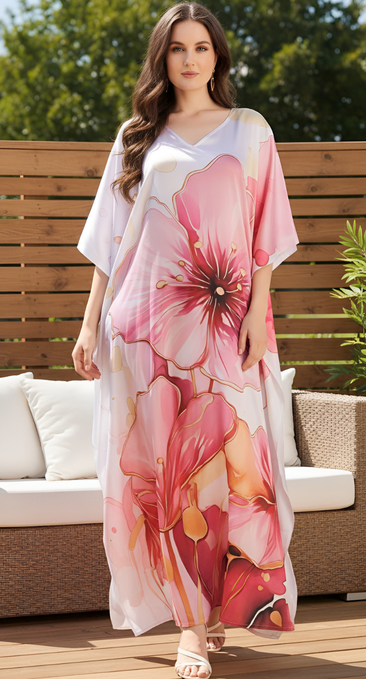 Floral Light Pink Satin Silk Women Plus Size Kaftan Dress