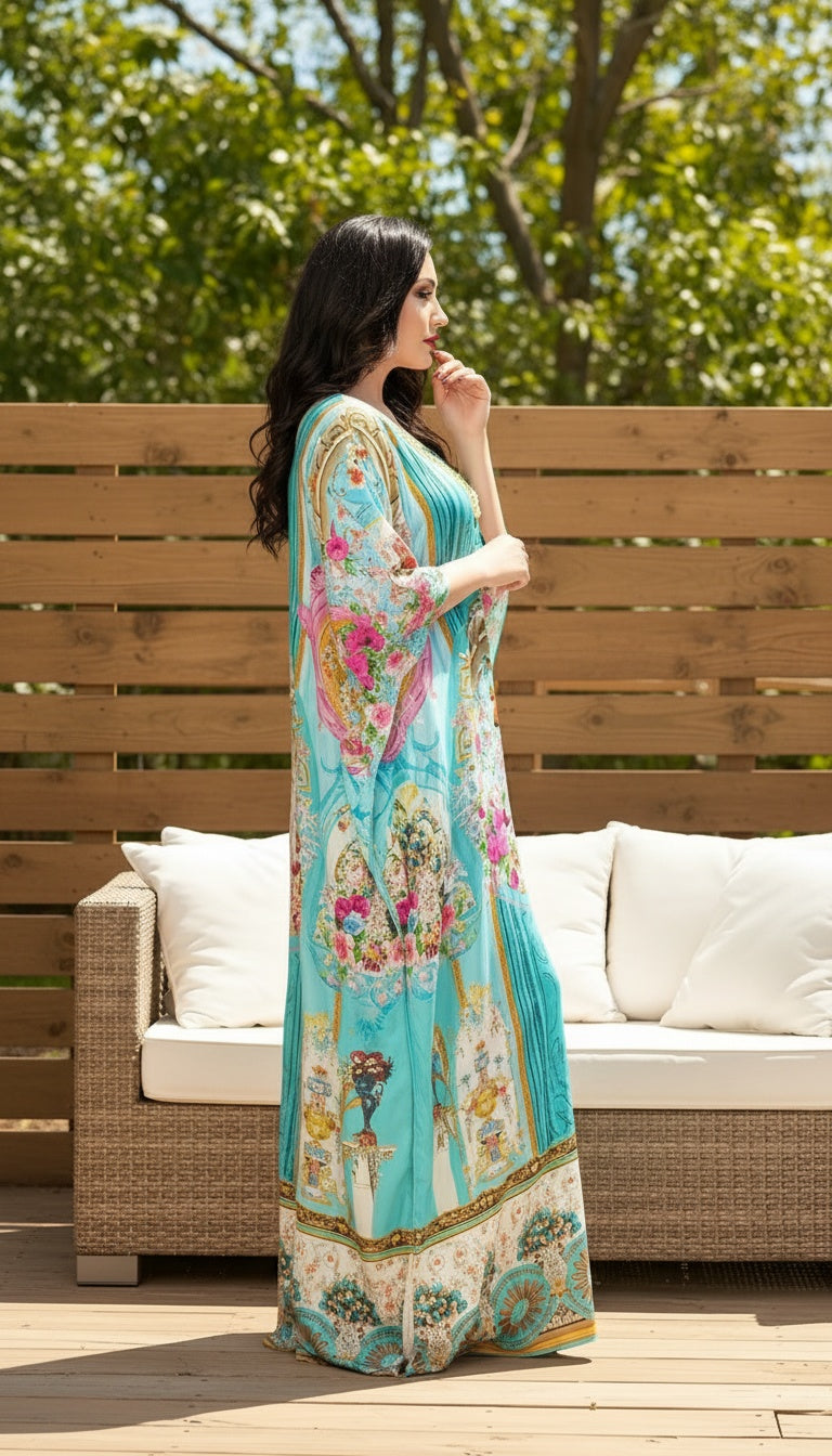 Floral Turquoise Blue Satin Silk Kaftan Dress for Women Plus Size