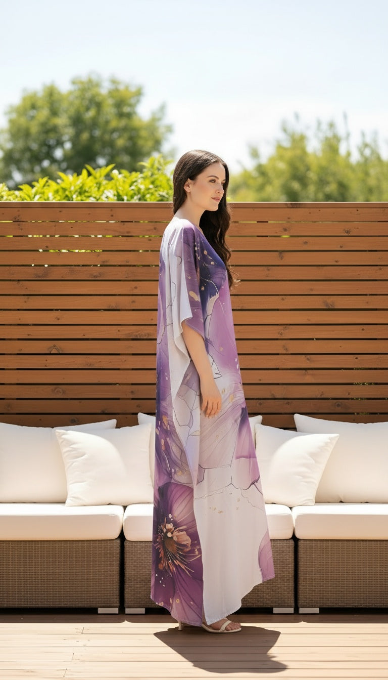 Floral Light Purple Satin Silk Women Plus Size Caftan Dress
