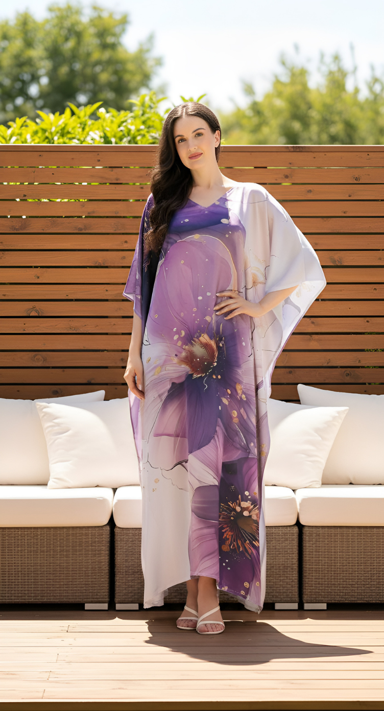 Floral Light Purple Satin Silk Women Plus Size Caftan Dress