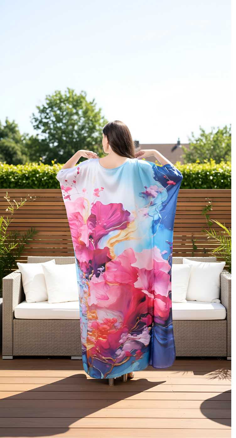 Floral Print Pink Satin Silk Women Plus Size Kaftan Dress