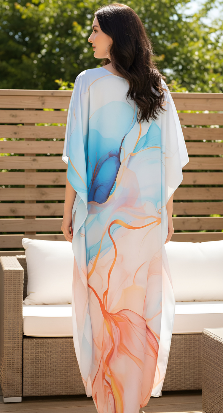 Abstract Light Blue Satin Silk Kaftan Dress for Women Plus Size