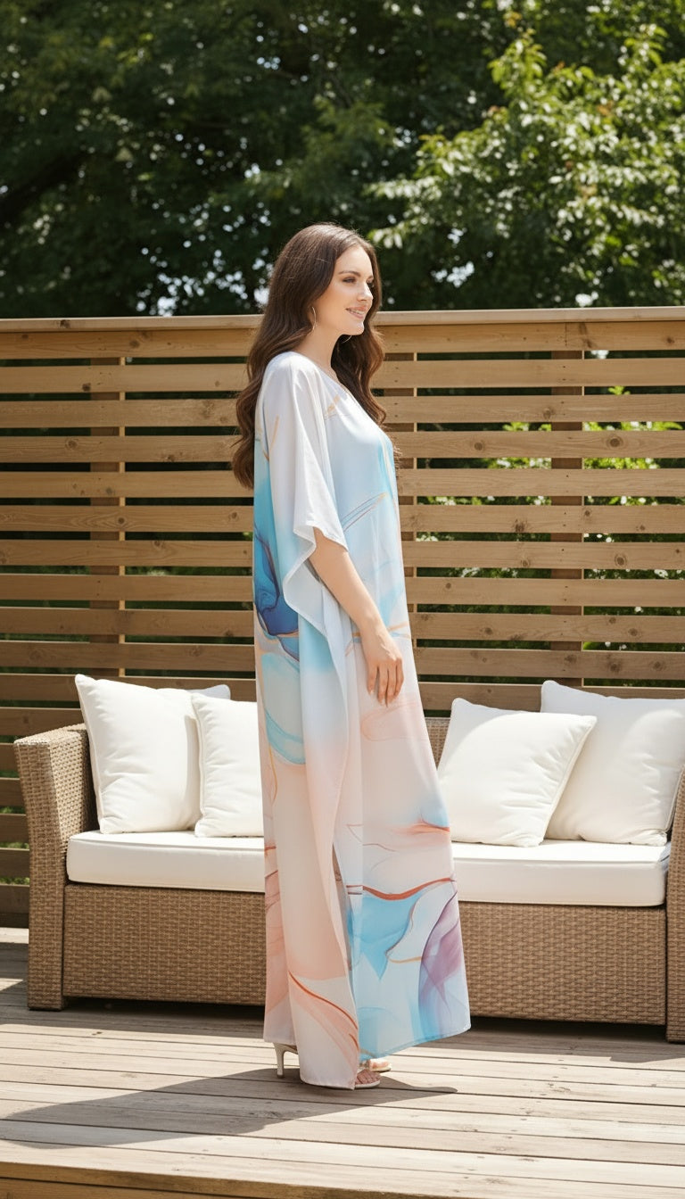 Abstract Light Blue Satin Silk Kaftan Dress for Women Plus Size