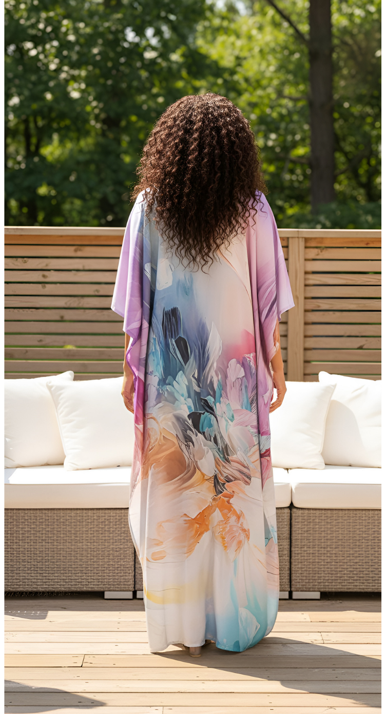 Abstract Lavender Satin Silk Caftan Dress For Women Plus Size