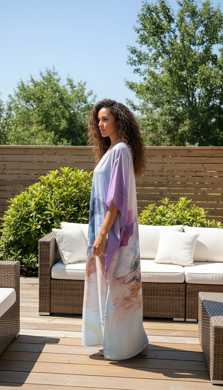Abstract Lavender Satin Silk Caftan Dress For Women Plus Size
