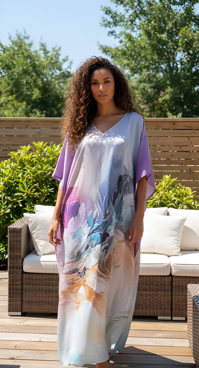 Abstract Lavender Satin Silk Caftan Dress For Women Plus Size
