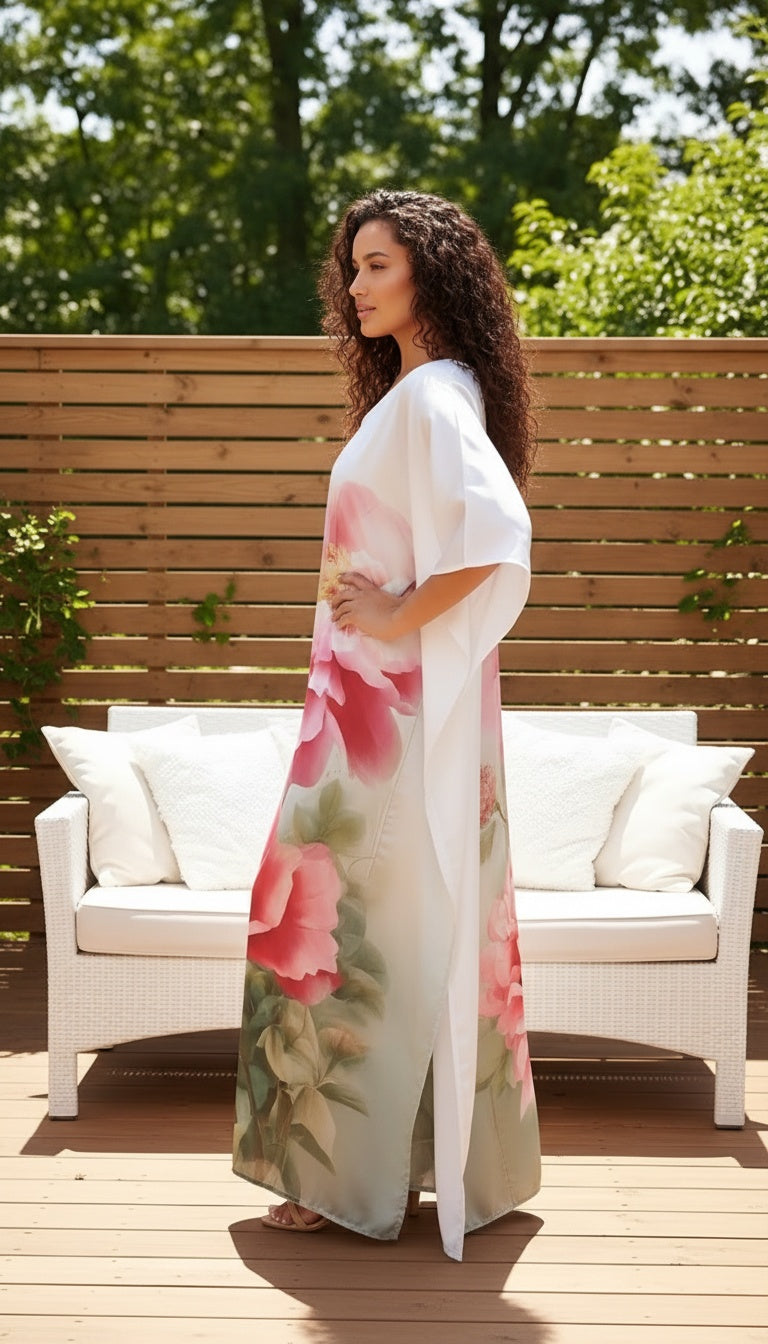 Floral White Satin Silk Women Plus Size Caftan Loungewear Dress