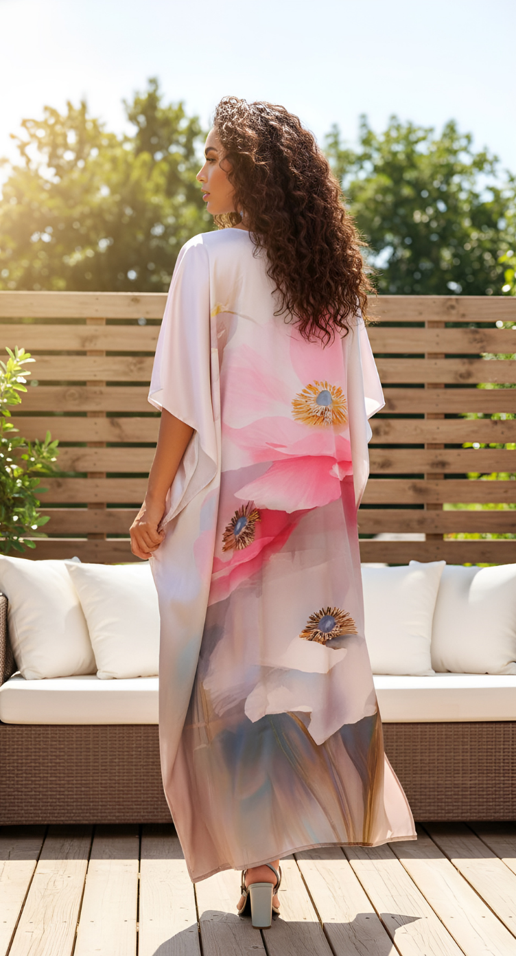 Floral Light Pink Satin Silk Kaftan Dress for Women Plus Size