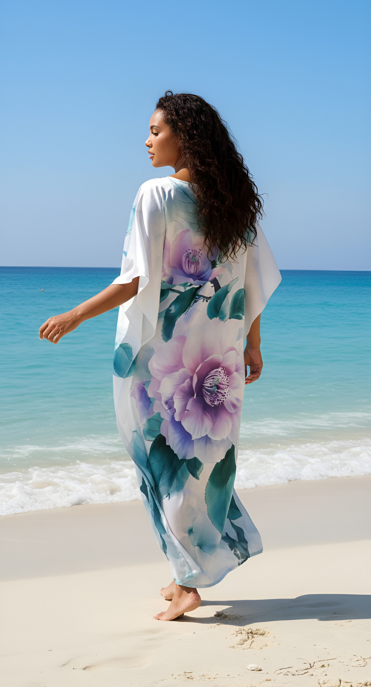 Floral Ice Blue Satin Silk Women Plus Size Caftan Dress