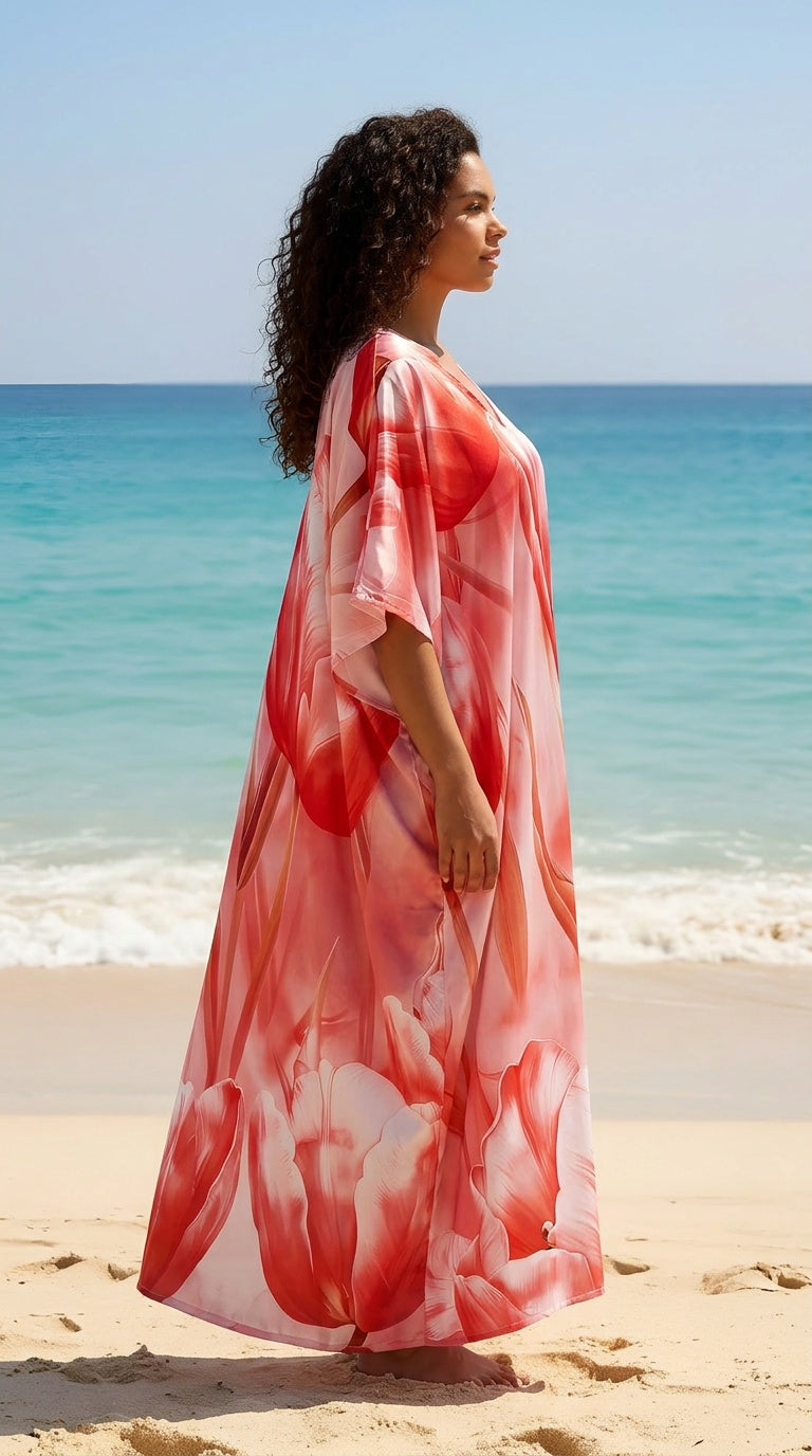 Baby pink satin plus size kaftan dress with coral tie-dye floral print and 3/4 kimono sleeves — another angle
