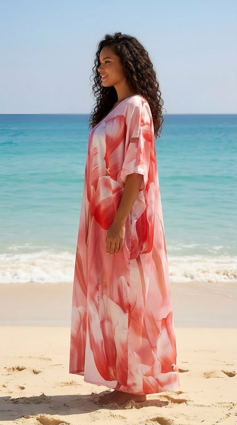 Baby pink satin plus size kaftan dress with coral tie-dye floral print and 3/4 kimono sleeves — additional view