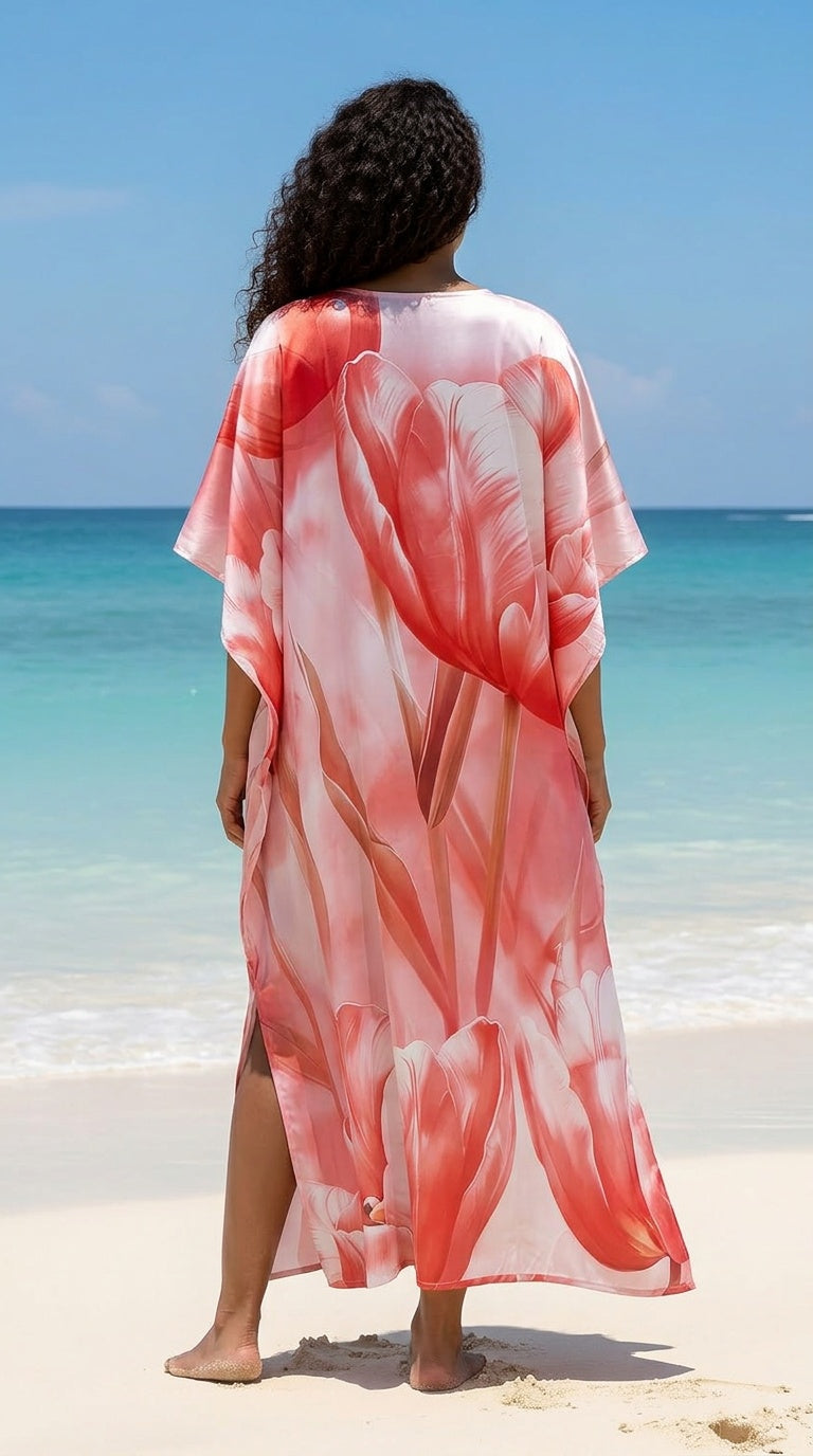 Baby pink satin plus size kaftan dress with coral tie-dye floral print and 3/4 kimono sleeves — alternate view