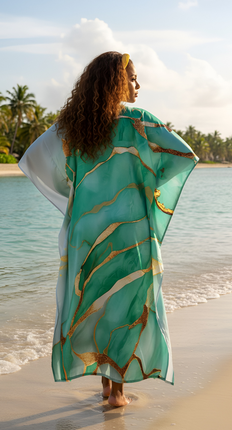 Abstract Emerald Green Satin Silk Kaftan Dress for Women Plus Size