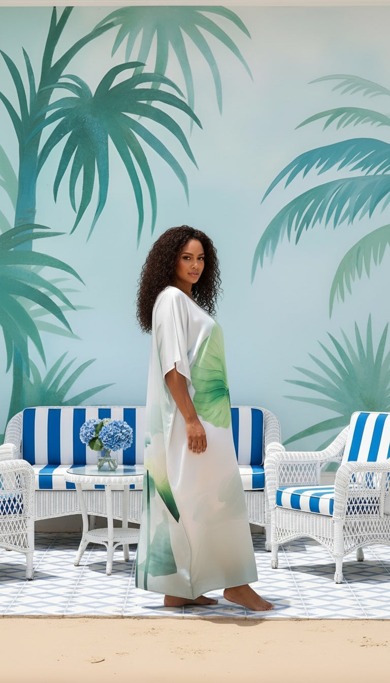 Lotus Leaves Satin Silk White Caftan Dress For Women Plus Size