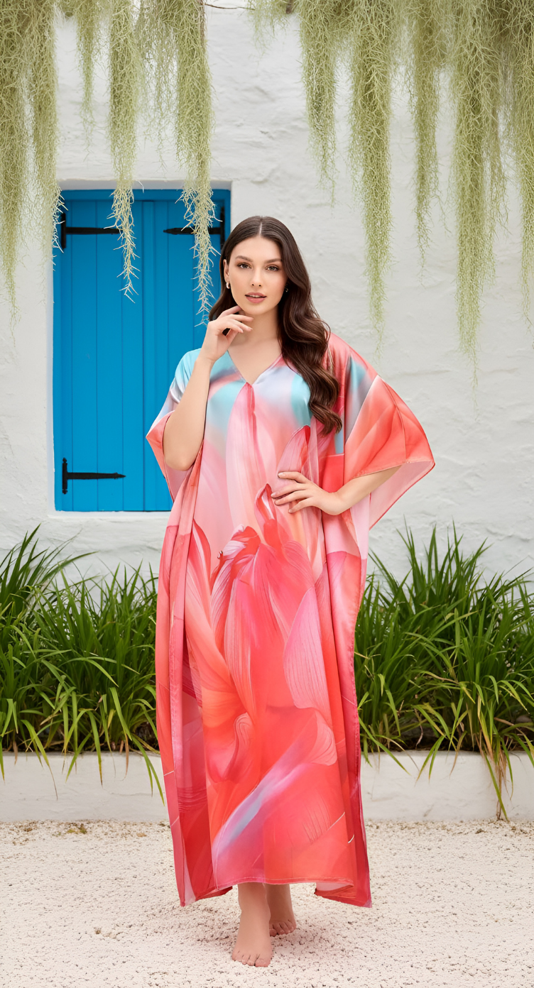 Abstract Coral Red Satin Silk Women Plus Size Caftan Dress