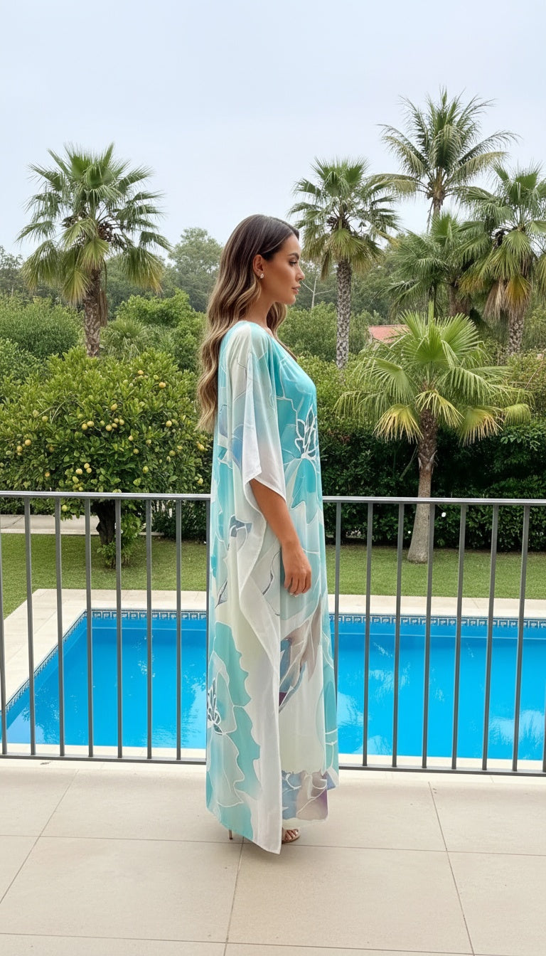 Floral Aqua Blue Satin Silk Women Plus Size Kaftan Dress