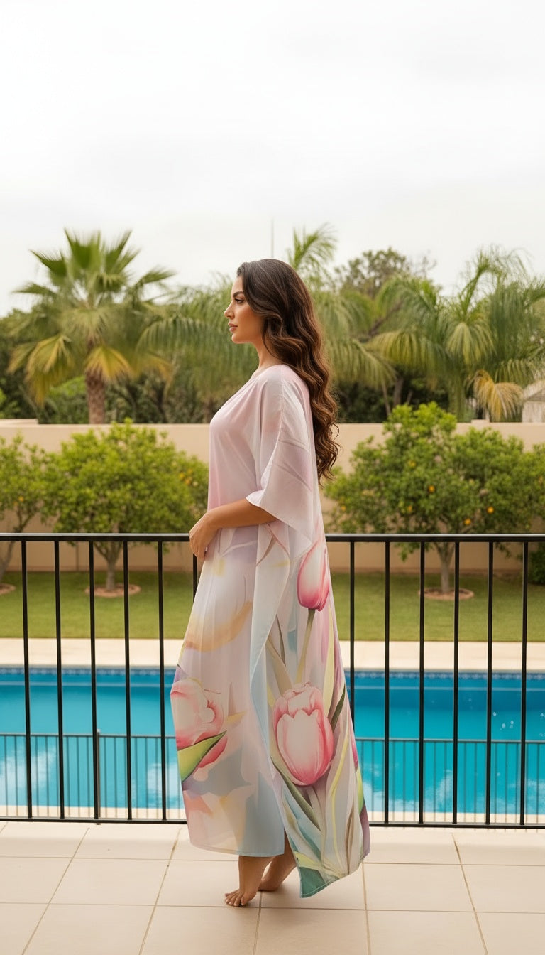 Floral Pastel Satin Silk Kaftan Dress for Women Plus Size