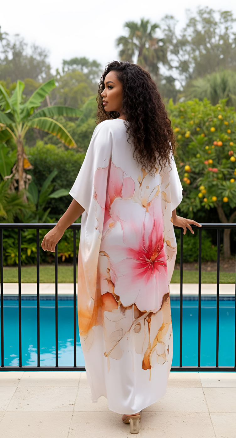 Floral Light Pink Satin Silk Women Plus Size Caftan Dress