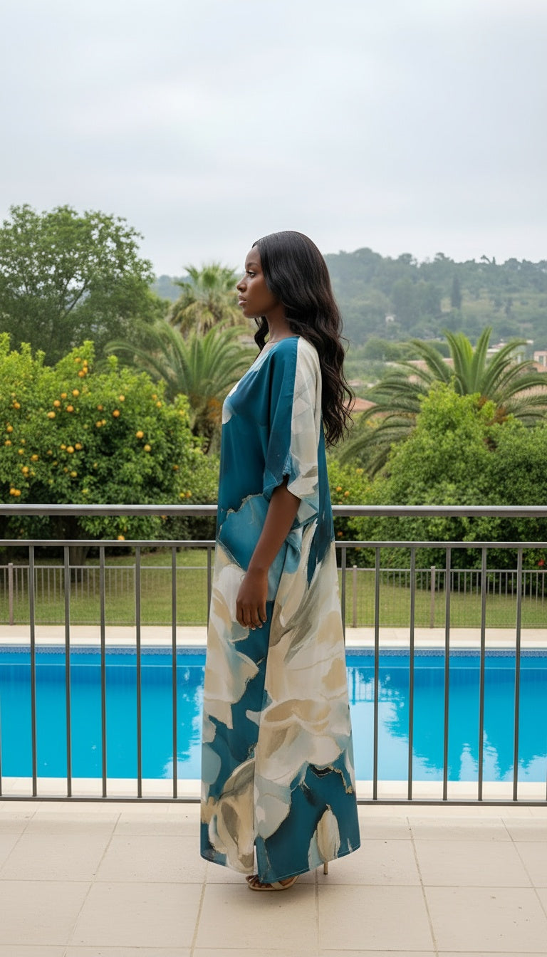 Abstract Deep Blue Satin Silk Plus Size Caftan Dress for Women