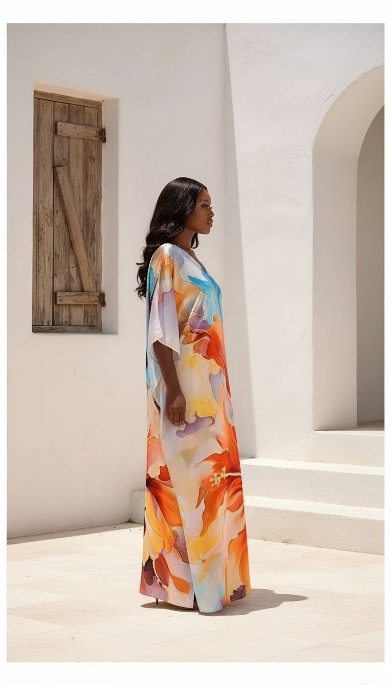 Abstract Cream Satin Silk Women Plus Size Caftan Maxi Dress